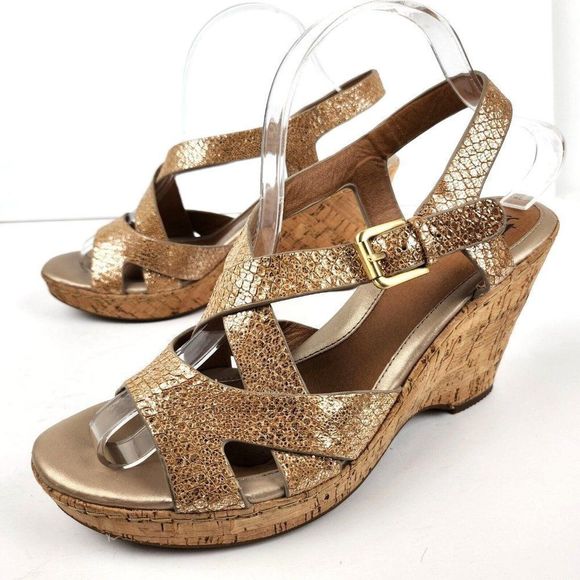 Sofft Cork Gold Metallic Reptile Strappy Leather Cork Wedges Comfort Sandals 10M - Picture 4 of 8